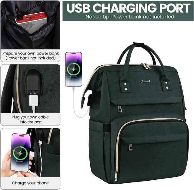 Alt view image 4 of 5 - LOVEVOOK Laptop Backpack for Women,15.6 Inch Professional Womens Travel Backpack Purse Computer Laptop Bag Nurse Teacher Backpack,Waterproof Work Bags Carry on Back Pack with USB Port,Dark Green
