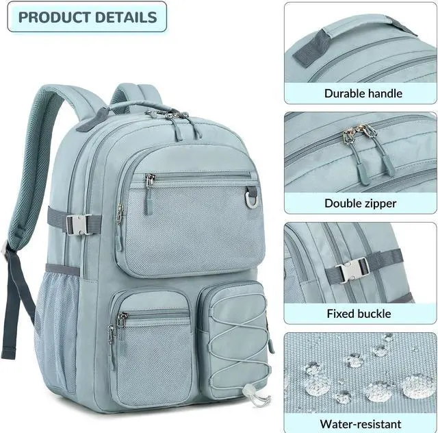 Alt view image 4 of 5 - Lohol Water Resistant Backpack with Mulitiple Pockets for School Travel Outdoor College, 15.6 inch Laptop Daypack for Men and Women (Grey Blue)