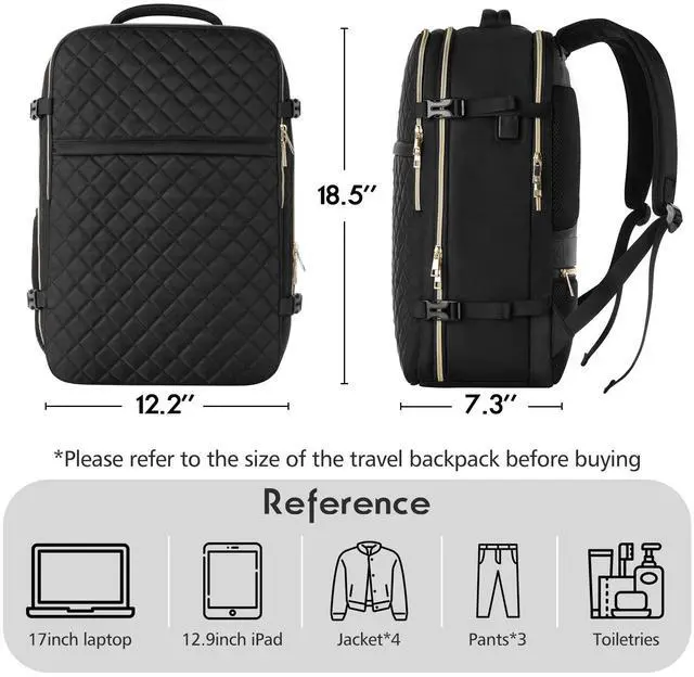 Alt view image 5 of 5 - MOMUVO Large Travel Backpack Women, Flight Approved Carry On Backpack, Water Resistant Anti-Theft Casual Daypack School Bag Fit 17 Inch Laptop with USB Charging Port, Black