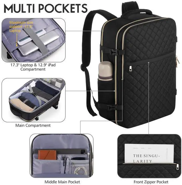 Alt view image 4 of 5 - MOMUVO Large Travel Backpack Women, Flight Approved Carry On Backpack, Water Resistant Anti-Theft Casual Daypack School Bag Fit 17 Inch Laptop with USB Charging Port, Black