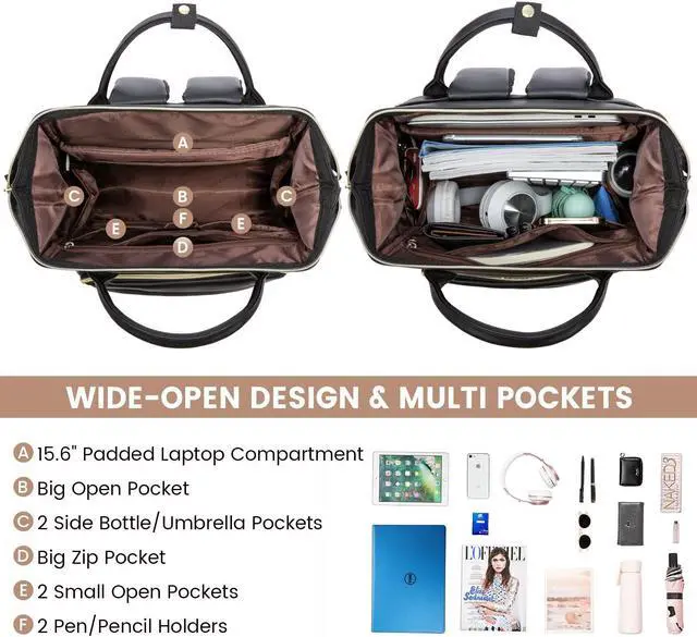 Alt view image 3 of 5 - LOVEVOOK Leather Laptop Backpack for Women 17 inch,Travel Backpack Purse Nurse Teacher Backpack Computer Laptop Bag,Professional College Business Work Bags Carry On Backpack with USB Port,Black