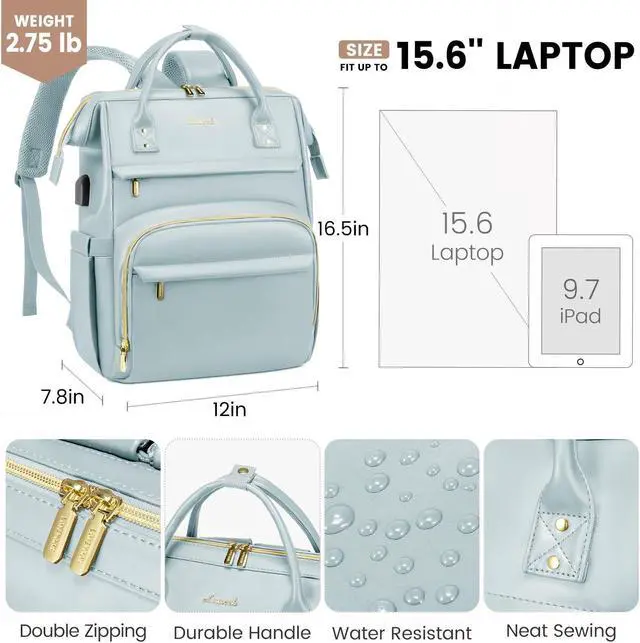 Alt view image 4 of 5 - LOVEVOOK Leather Laptop Backpack for Women 15.6 inch,Travel Backpack Purse Nurse Teacher Backpack Computer Laptop Bag,Professional College Business Work Bags Carry On Backpacks with USB Port,Pink Blue