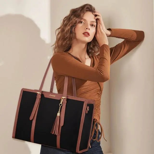 Alt view image 2 of 5 - LOVEVOOK Laptop Bag for Women 15.6 inch Lightweight Canvas Laptop Tote Bag, Large Capacity Computer bag with Clutch Purse for Business, Work, Office, Travel, School(Black & Brown,15.6 Inch)