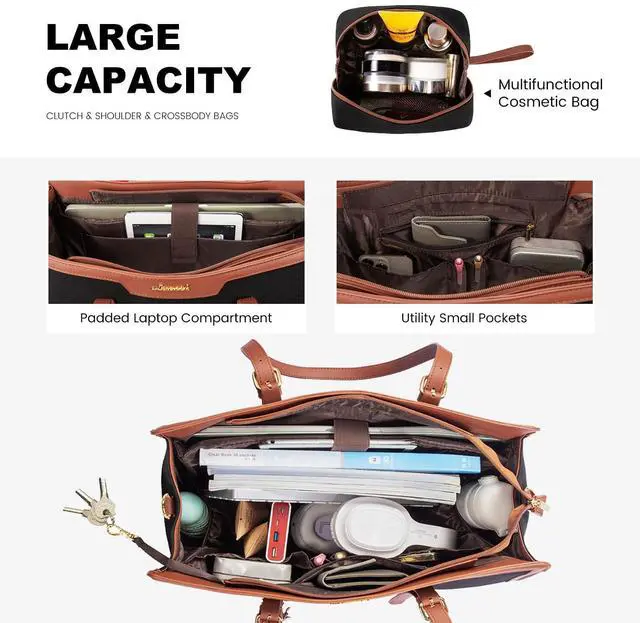 Alt view image 3 of 5 - LOVEVOOK Laptop Bag for Women 15.6 inch Lightweight Canvas Laptop Tote Bag, Large Capacity Computer bag with Clutch Purse for Business, Work, Office, Travel, School(Black & Brown,15.6 Inch)