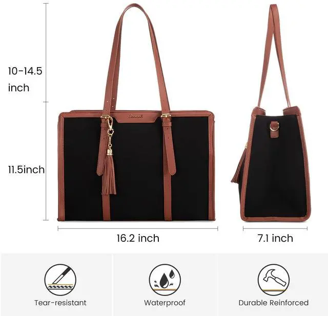 Alt view image 4 of 5 - LOVEVOOK Laptop Bag for Women 15.6 inch Lightweight Canvas Laptop Tote Bag, Large Capacity Computer bag with Clutch Purse for Business, Work, Office, Travel, School(Black & Brown,15.6 Inch)