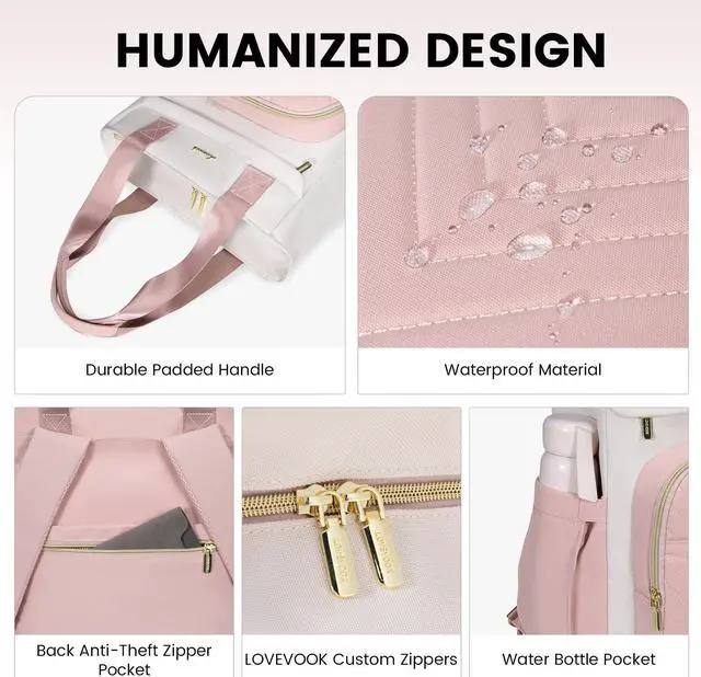 Alt view image 3 of 5 - LOVEVOOK Laptop Backpack for Women, 15.6 Inch Work Business Laptop Bag, Wide Top Open Teacher Nurse Bag with USB Port, Waterproof Computer Backpack Purse for travel, Pink-White