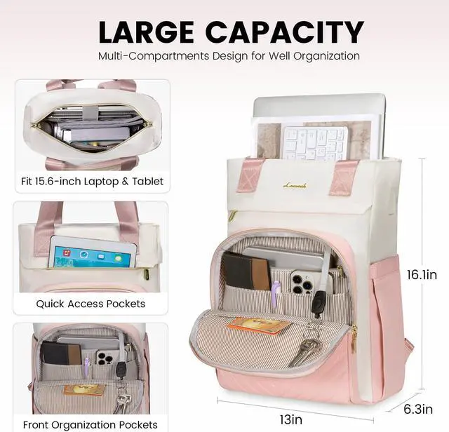 Alt view image 2 of 5 - LOVEVOOK Laptop Backpack for Women, 15.6 Inch Work Business Laptop Bag, Wide Top Open Teacher Nurse Bag with USB Port, Waterproof Computer Backpack Purse for travel, Pink-White