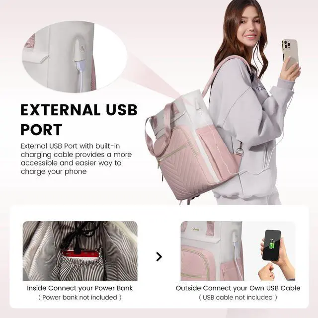 Alt view image 5 of 5 - LOVEVOOK Laptop Backpack for Women, 15.6 Inch Work Business Laptop Bag, Wide Top Open Teacher Nurse Bag with USB Port, Waterproof Computer Backpack Purse for travel, Pink-White