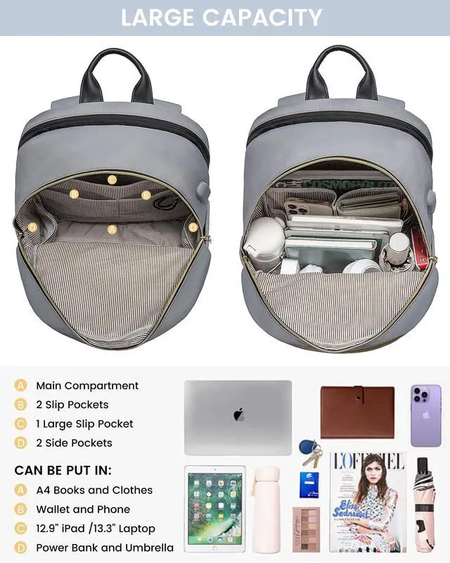 Alt view image 3 of 5 - LOVEVOOK Laptop Backpack for Women,15.6 Inch Fashion Travel Backpack,Large Capacity Backpack Purse with USB,Water-resistant fits College Work Business TravelBlack & Grey