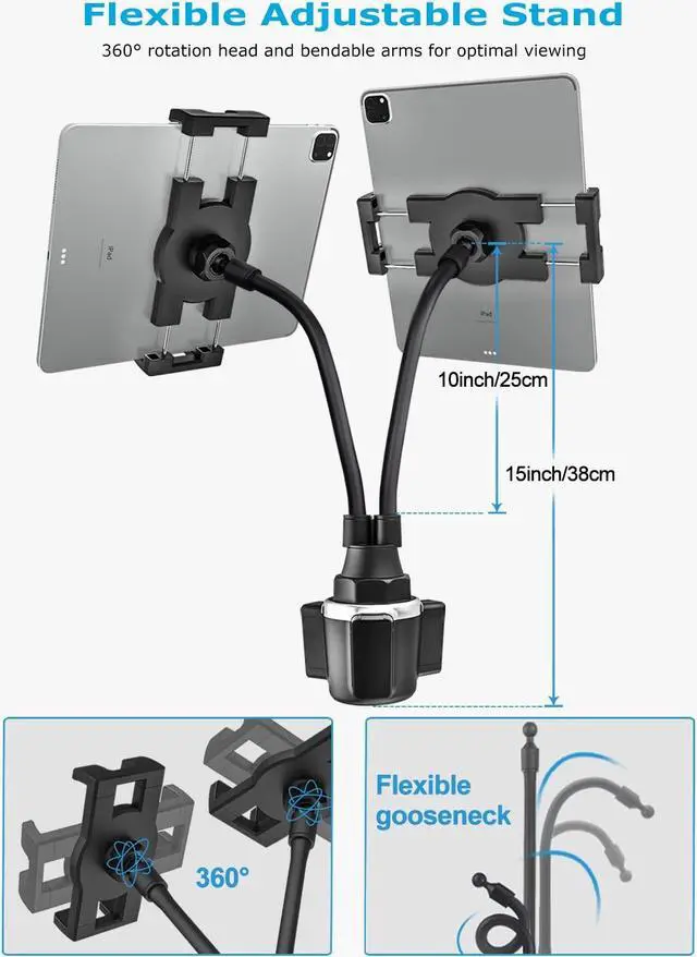 Alt view image 5 of 5 - Phichy Dual Cup Holder Tablet Car Mount for 4.7"-12.9" Phone & iPad - Gooseneck Double Tablet Mount for Car, Cup Car Tablet Holder Stand Compatible with iPad Pro/Air/Mini, Galaxy Tabs, iPhone, Tablets