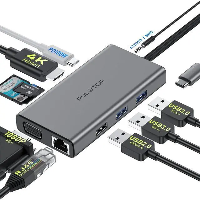 Main image of PULWTOP Laptop Docking Station 10 in 1 USB C Hub Multiport Adapter, 1*HDMI 4K 30Hz,VGA, Ethernet, USB 3.0, USB A 2.0, TF/SD, Audio, MacBook Dongle for MacBook Dell Hp Lenovo Laptop Type C Devices