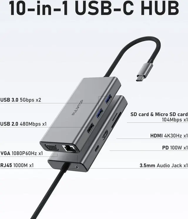 Alt view image 2 of 5 - PULWTOP Laptop Docking Station 10 in 1 USB C Hub Multiport Adapter, 1*HDMI 4K 30Hz,VGA, Ethernet, USB 3.0, USB A 2.0, TF/SD, Audio, MacBook Dongle for MacBook Dell Hp Lenovo Laptop Type C Devices