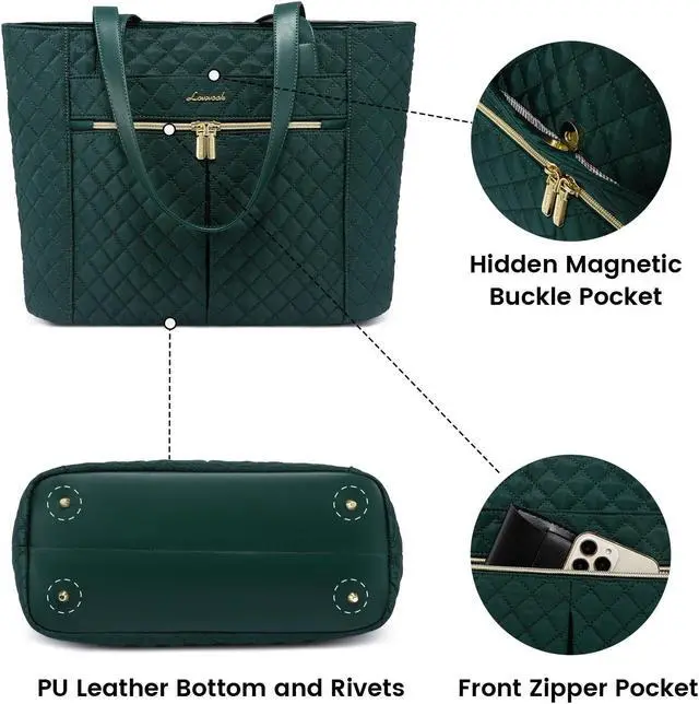 Alt view image 4 of 5 - LOVEVOOK Laptop Bag for Women 15.6 inch,Diamond Quilted Work Womens Laptops Tote Bag Computer Shoulder Bags,Stylish Travel Tote Bag Laptop Purse Briefcase Handbag with Clutch Purse,Dark Green