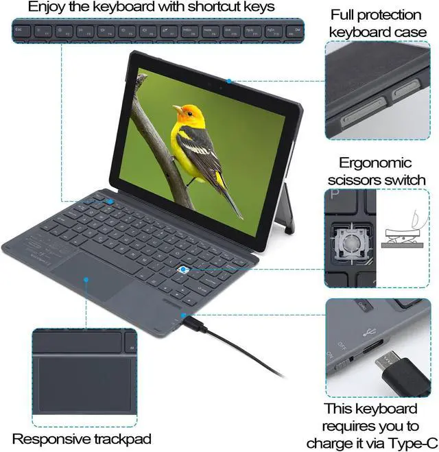 Alt view image 4 of 5 - Qulose Keyboard Case for Surface Go (3/2/1), Magnetic Detachable, Portable Rechargeable Wireless Bluetooth Keyboard with Touchpad- Grey