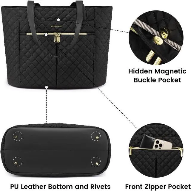 Alt view image 4 of 5 - LOVEVOOK Laptop Bag for Women 17 inch,Diamond Quilted Work Tote Bags Womens Laptop Tote Bag Computer Shoulder Bags,Stylish Travel Tote Bags Laptop Purse Case Briefcase Handbag with Clutch Purse,Black