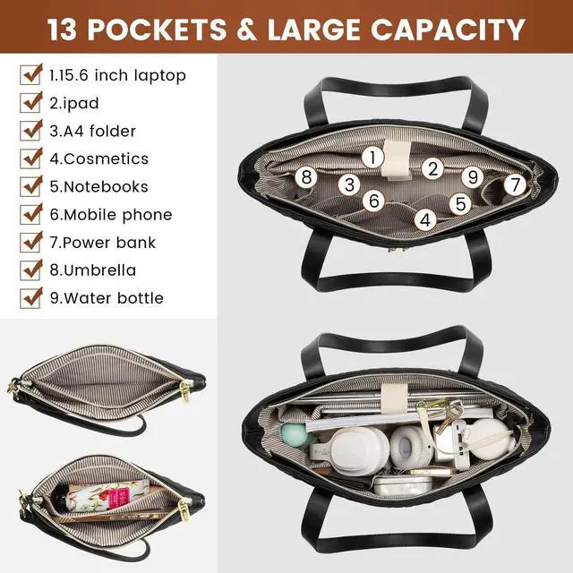 Alt view image 2 of 5 - LOVEVOOK Laptop Bag for Women 17 inch,Diamond Quilted Work Tote Bags Womens Laptop Tote Bag Computer Shoulder Bags,Stylish Travel Tote Bags Laptop Purse Case Briefcase Handbag with Clutch Purse,Black