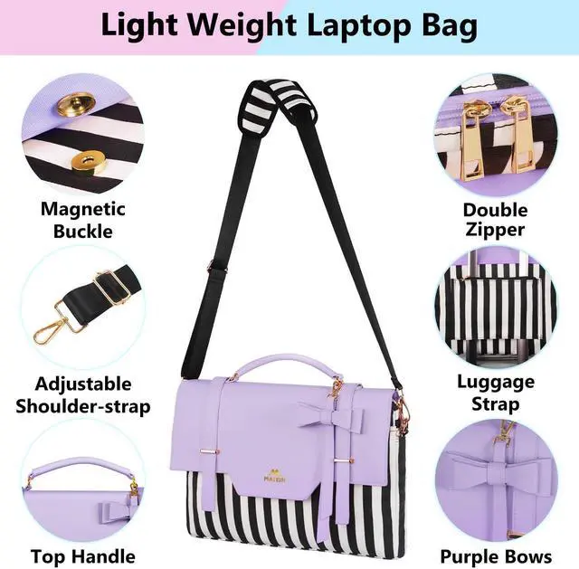 Alt view image 5 of 5 - MATEIN 17 inch laptop bag for women, Large Computer Sleeve Case Briefcase with RFID Pocket & Bow, Cute Lightweight Messenger Carrying Shoulder Tote Office Bag for Nurse Teacher College Work, Purple