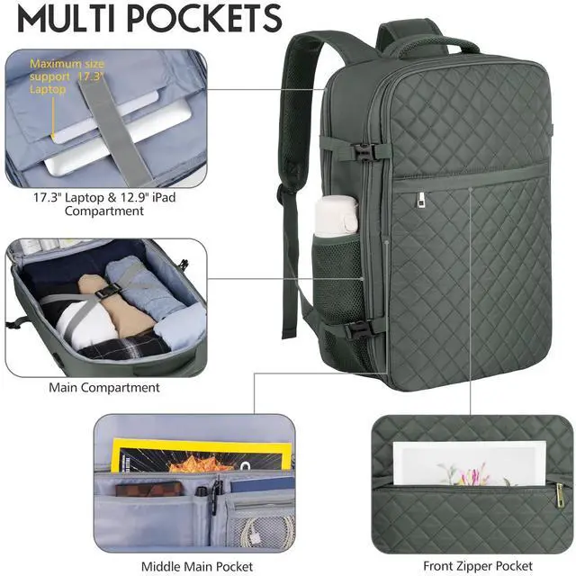 Alt view image 2 of 5 - MOMUVO Large Travel Backpack Women, Flight Approved Carry On Backpack, Water Resistant Anti-Theft Large Casual Daypack Fit 17 Inch Laptop with USB Charging Port, Olive Green