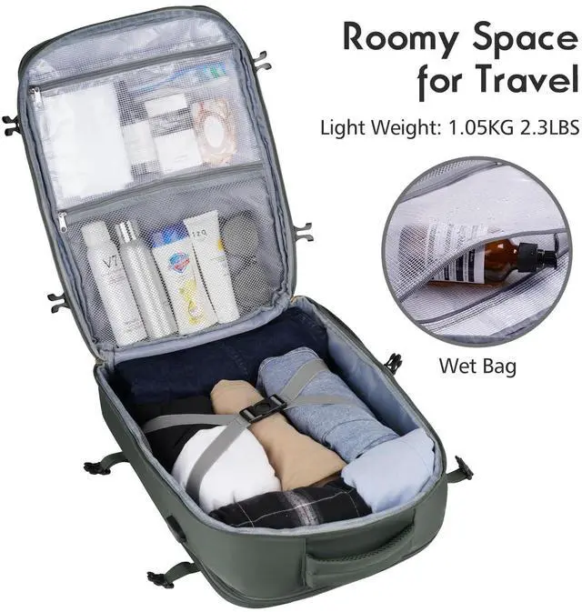 Alt view image 3 of 5 - MOMUVO Large Travel Backpack Women, Flight Approved Carry On Backpack, Water Resistant Anti-Theft Large Casual Daypack Fit 17 Inch Laptop with USB Charging Port, Olive Green