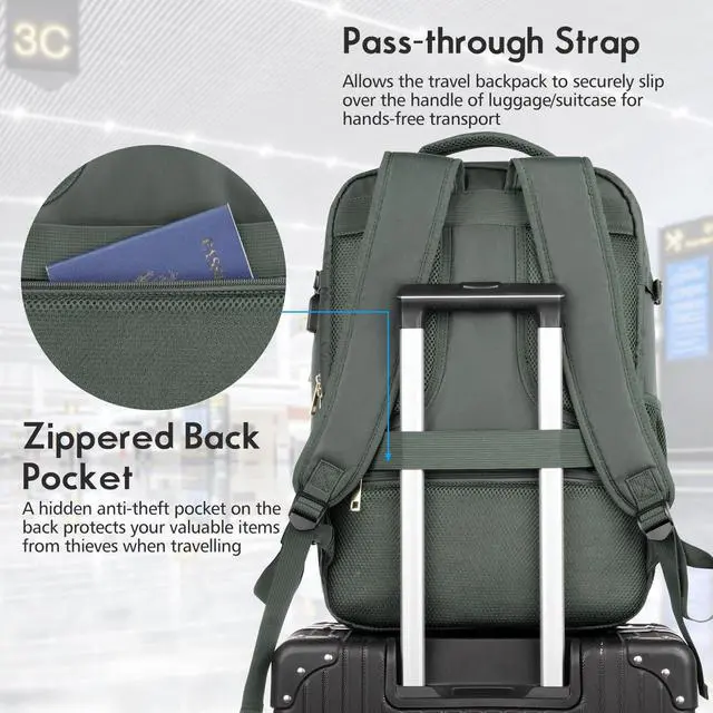 Alt view image 4 of 5 - MOMUVO Large Travel Backpack Women, Flight Approved Carry On Backpack, Water Resistant Anti-Theft Large Casual Daypack Fit 17 Inch Laptop with USB Charging Port, Olive Green