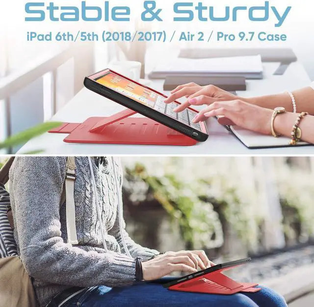 Alt view image 4 of 5 - SEYMAC stock iPad 6th/5th Generation Case/Air 2/Pro 9.7'', Smart Magnetic Auto Sleep Cover with Card Holder, Stand Multi-Angles Feature for iPad 6th/5th / Air 2 / Pro 9.7 2018/2017 (Red)
