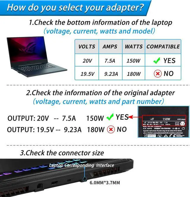 Alt view image 3 of 5 - VHBW Replacement for Asus TUF 150W Charger Compatible with ROG Strix Scar III G531GT G531GD G731GT FX505 FX505GT FX505DT FX705DD FX705DT FX705DU ADP-150CH B A18-150P1A 20V 7.5A Power Adapter