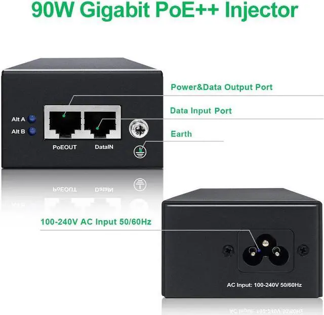 Alt view image 2 of 4 - HYN@NET PE90-BT | 90W Gigabit Ultra PoE++ Injector, 56V Power on Ethernet Adapter,Comply with IEEE 802.3bt/at/af, 10/100/1000Mbps Shielded RJ-45 Ports,Metal Housing,Plug and Play