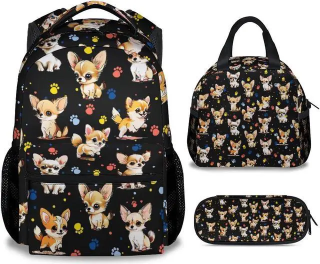 Main image of NICEFORNICE Chihuahua Dog Kids Backpack with Lunch Box, Set of 3 School Backpacks Matching Combo, Cute Black Bookbag and Pencil Case Bundle