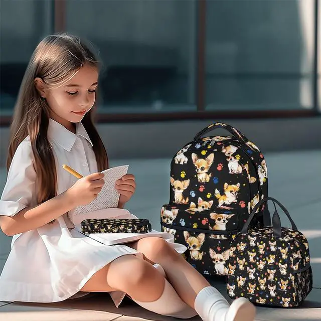 Alt view image 2 of 5 - NICEFORNICE Chihuahua Dog Kids Backpack with Lunch Box, Set of 3 School Backpacks Matching Combo, Cute Black Bookbag and Pencil Case Bundle