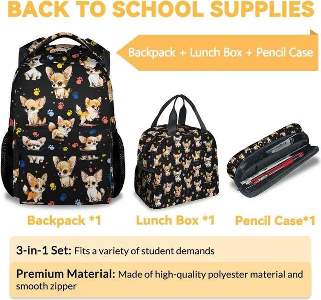 Alt view image 3 of 5 - NICEFORNICE Chihuahua Dog Kids Backpack with Lunch Box, Set of 3 School Backpacks Matching Combo, Cute Black Bookbag and Pencil Case Bundle