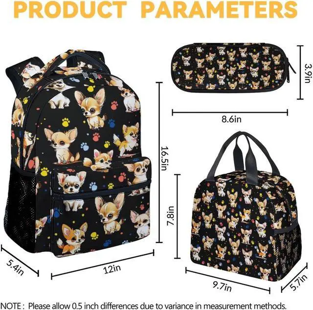 Alt view image 4 of 5 - NICEFORNICE Chihuahua Dog Kids Backpack with Lunch Box, Set of 3 School Backpacks Matching Combo, Cute Black Bookbag and Pencil Case Bundle