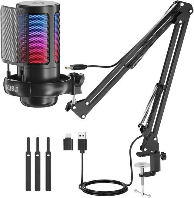 Main image of NJSJ USB Gaming Microphone for PC, Condenser Mic with Boom Arm for PS4/ PS5/ Mac/Phone with Touch Mute, RGB Lighting,Gain knob & Monitoring Jack for Streaming,Podcasting,YouTube