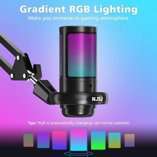 Alt view image 2 of 5 - NJSJ USB Gaming Microphone for PC, Condenser Mic with Boom Arm for PS4/ PS5/ Mac/Phone with Touch Mute, RGB Lighting,Gain knob & Monitoring Jack for Streaming,Podcasting,YouTube