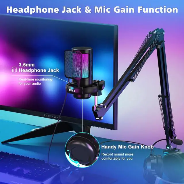 Alt view image 5 of 5 - NJSJ USB Gaming Microphone for PC, Condenser Mic with Boom Arm for PS4/ PS5/ Mac/Phone with Touch Mute, RGB Lighting,Gain knob & Monitoring Jack for Streaming,Podcasting,YouTube