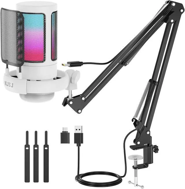 Main image of NJSJ USB Gaming Microphone for PC, Condenser Mic with Boom Arm for PS4/ PS5/ Mac/Phone with Touch Mute, RGB Lighting,Gain knob & Monitoring Jack for Streaming,Podcasting,YouTube