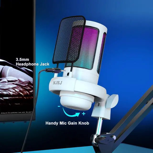 Alt view image 5 of 5 - NJSJ USB Gaming Microphone for PC, Condenser Mic with Boom Arm for PS4/ PS5/ Mac/Phone with Touch Mute, RGB Lighting,Gain knob & Monitoring Jack for Streaming,Podcasting,YouTube