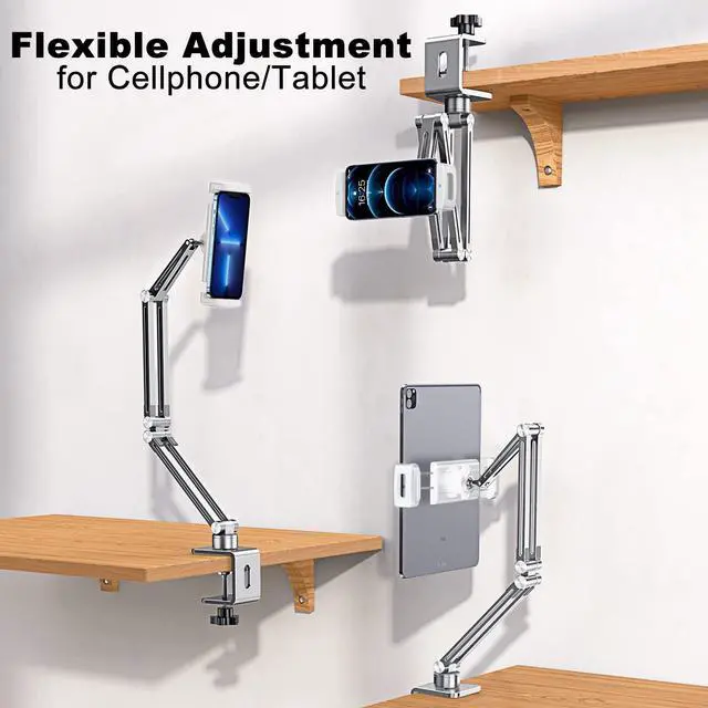 Alt view image 2 of 5 - OATSBASF Phone and Tablet Holder Bed Gooseneck Mount, Aluminum Long Arm Foldable Lazy Stand, Universal 360 Degree Rotatable for iPhone, iPad, Tablet-Silver