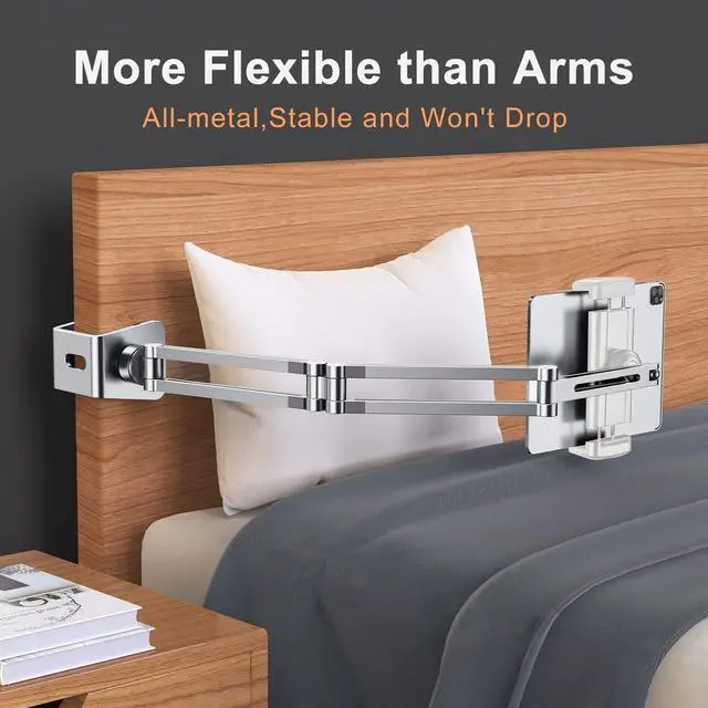 Alt view image 4 of 5 - OATSBASF Phone and Tablet Holder Bed Gooseneck Mount, Aluminum Long Arm Foldable Lazy Stand, Universal 360 Degree Rotatable for iPhone, iPad, Tablet-Silver