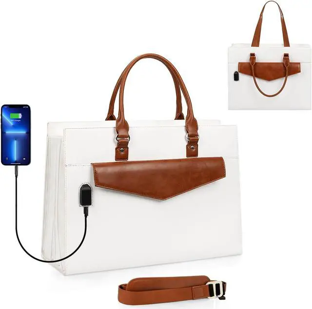 Main image of Laptop Tote Bag for Women, 17 Inch Laptop Bag Waterproof Leather Computer Tote Bag, Large Work Bag with USB Charging Port, Womens Laptop Briefcase Business Office Handbag Work Shoulder Bag, White