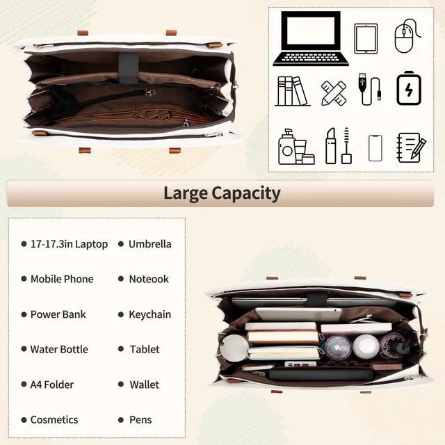 Alt view image 2 of 5 - Laptop Tote Bag for Women, 17 Inch Laptop Bag Waterproof Leather Computer Tote Bag, Large Work Bag with USB Charging Port, Womens Laptop Briefcase Business Office Handbag Work Shoulder Bag, White