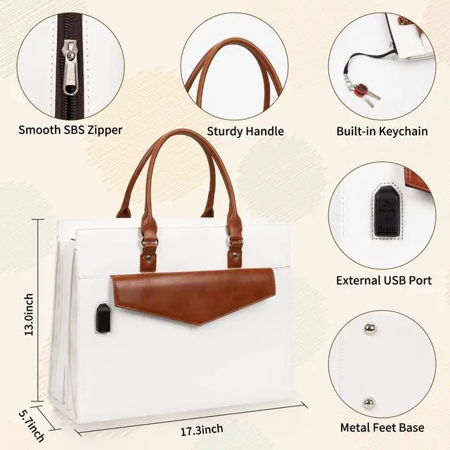 Alt view image 4 of 5 - Laptop Tote Bag for Women, 17 Inch Laptop Bag Waterproof Leather Computer Tote Bag, Large Work Bag with USB Charging Port, Womens Laptop Briefcase Business Office Handbag Work Shoulder Bag, White