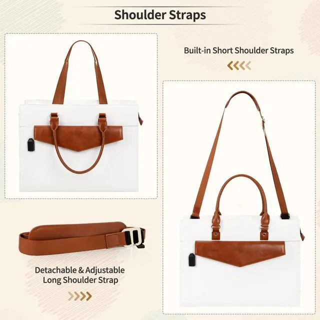 Alt view image 5 of 5 - Laptop Tote Bag for Women, 17 Inch Laptop Bag Waterproof Leather Computer Tote Bag, Large Work Bag with USB Charging Port, Womens Laptop Briefcase Business Office Handbag Work Shoulder Bag, White