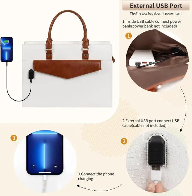 Alt view image 3 of 5 - Laptop Tote Bag for Women, 17 Inch Laptop Bag Waterproof Leather Computer Tote Bag, Large Work Bag with USB Charging Port, Womens Laptop Briefcase Business Office Handbag Work Shoulder Bag, White