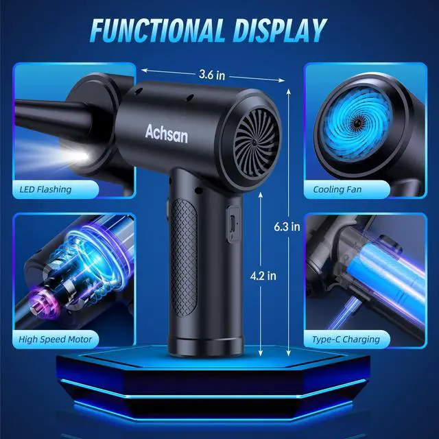 Alt view image 4 of 5 - Achsan Powerful Compressed Air Duster,91000RPM High-Power Electric Air Blower for Dust Removal,Safe for Electronics, Keyboards, PC, Car Interiors,Reusable, Eco-Friendly & Ergonomic Design (Black)