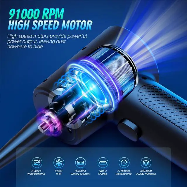 Alt view image 5 of 5 - Achsan Powerful Compressed Air Duster,91000RPM High-Power Electric Air Blower for Dust Removal,Safe for Electronics, Keyboards, PC, Car Interiors,Reusable, Eco-Friendly & Ergonomic Design (Black)