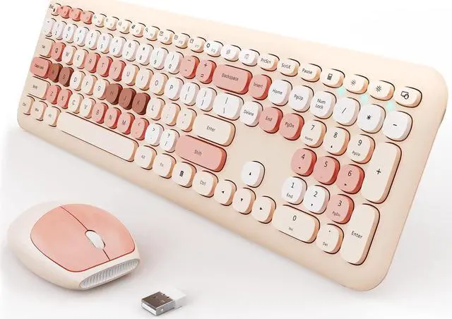 Main image of Wireless Keyboard and Mouse Combo, Colorful Ergonomic Full Size Retro low-noise keyboard with cute keycaps, Compatible with Windows, PC, Perfer for Home and Office Keyboards (Brown)