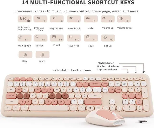 Alt view image 3 of 5 - Wireless Keyboard and Mouse Combo, Colorful Ergonomic Full Size Retro low-noise keyboard with cute keycaps, Compatible with Windows, PC, Perfer for Home and Office Keyboards (Brown)