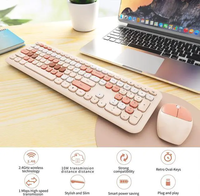 Alt view image 2 of 5 - Wireless Keyboard and Mouse Combo, Colorful Ergonomic Full Size Retro low-noise keyboard with cute keycaps, Compatible with Windows, PC, Perfer for Home and Office Keyboards (Brown)