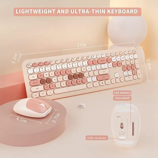Alt view image 4 of 5 - Wireless Keyboard and Mouse Combo, Colorful Ergonomic Full Size Retro low-noise keyboard with cute keycaps, Compatible with Windows, PC, Perfer for Home and Office Keyboards (Brown)