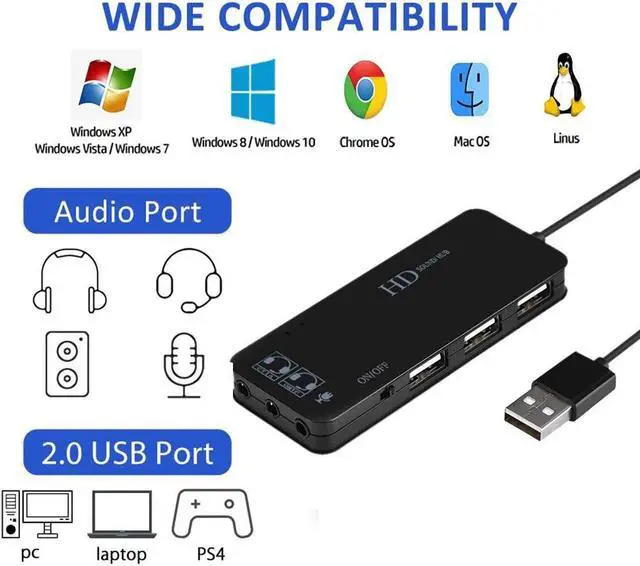 Alt view image 3 of 5 - USB Hubs Audio Adapter External Stereo Sound Card with 3.5mm Headphone and Microphone Jack for Windows, Mac, Linux, PC, Laptops, Desktops, PS4 Computer External USB New Version Grey